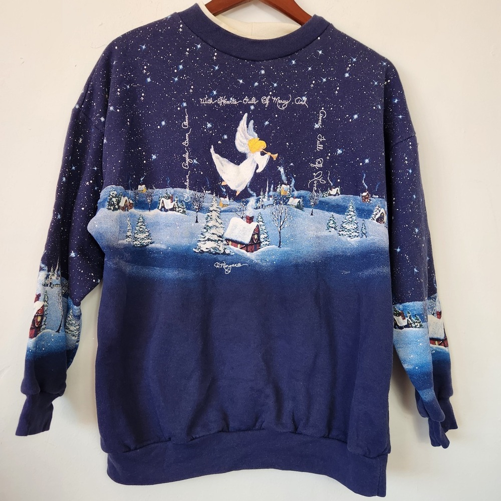 Vintage 90s Guardian Angel Christmas Sweater L Grandmacore Snow Cottage Artisans